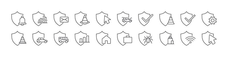 Collection of Line Icons of Shield, Defence, Insurance. Minimalistic Linear Pictogram for Web and Graphic Design, Apps, Banners, Social Network and Cards vector
