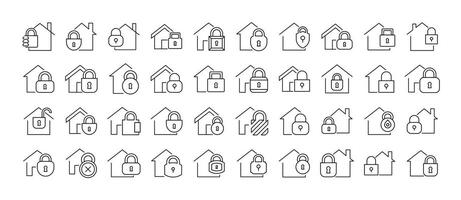 Set of Line Icons of House with Lock. Minimalistic Linear Pictogram for Web and Graphic Design, Apps, Banners, Social Network and Cards vector