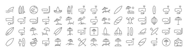 Diving Mask, Surfboard, Umbrella, Beach Line Icon Pack. Outline Signs for Graphic and Web Design, Apps, Adverts, Various Cards vector