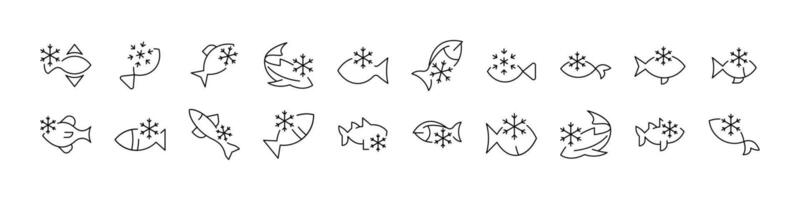 Frozen Fish Line Icon Collection. Outline Signs for Graphic and Web Design, Apps, Adverts, Various Cards vector