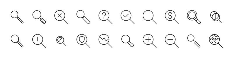 Set of Line Icons of Magnifying Glass. Minimalistic Linear Pictogram for Web and Graphic Design, Apps, Banners, Social Network and Cards vector