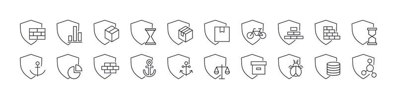 Box, Brick Wall, Anchor by Shield Bundle of Related Line Icons. Outline Signs for Graphic and Web Design, Apps, Adverts, Various Cards vector