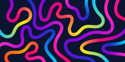 Colorful wavy line pattern. Bright neon ribbons, swirling gradient lines and dynamic curls on a dark background. Festive background vector
