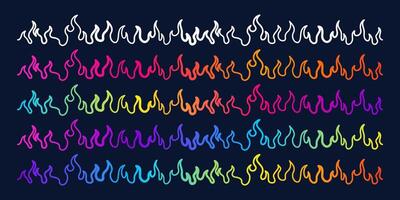 Seamless Set of Vibrant Neon Flame Borders in Rainbow Gradient Colors on Dark Background Abstract Decorative Fire Line Elements vector