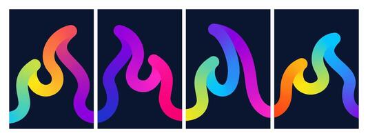 Bright waves with rainbow gradients on dark background. Abstract modern design elements for posters, banners, cards and digital artworks vector