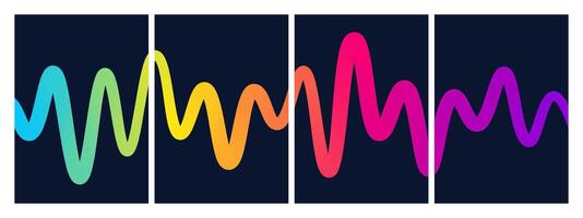Gradient abstract backgrounds, wavy sound effects with 3D color lines. Modern posters and playful compositions for cards and prints vector