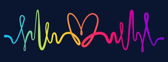 Heartbeat line with colorful gradient forming heart shape. On dark background. Abstract design for love themed posters, cards, medical and romantic illustrations vector