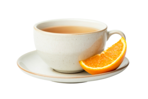 Tea cup with orange slice next to it, refreshment drink, cut out transparent png