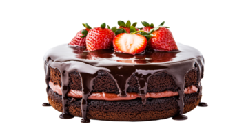 Chocolate cake with strawberries and chocolate glaze, cut out transparent png