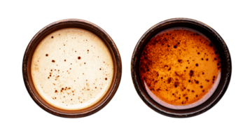 Two cups of latte and espresso macchiato, top view, cut out transparent png