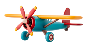 Wooden airplane model with propeller, wings, tail in vibrant colors, cut out transparent png