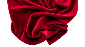 Red velvet fabric with soft folds on black background, cut out transparent png