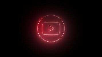 Red glowing neon YouTube icon, neon frame on black background, YouTube neon lines, abstract background with animation of flight in the abstract futuristic loop with neon light. video