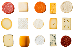 Assorted cheese and salami slices, gourmet food isolated, cut out transparent png