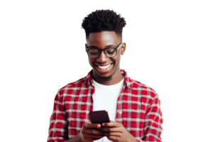 Handsome man using cellphone, smiling, in checkered shirt, cut out transparent png