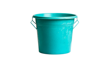 Old blue metal trash bucket with handles, cut out transparent png