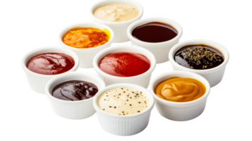 Assortment of diverse sauces in bowls, colorful dips, condiment, cut out transparent png