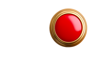 Red glossy button with golden frame, isolated background, cut out transparent png