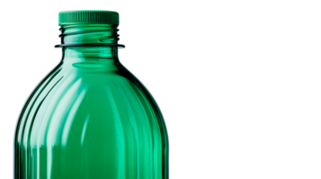 Green bottle with cap, close-up studio shot, empty container, cut out transparent png