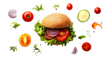 Burger ingredients and vegetables floating composition, cut out transparent png