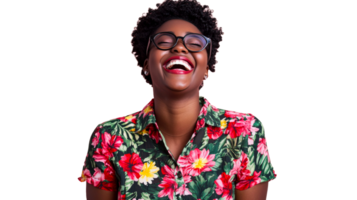 Cheerful woman wearing glasses, laughing against black background, cut out transparent png