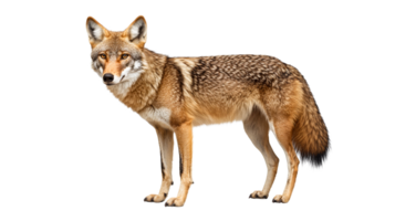 Standing coyote with patterned fur looking at camera, cut out transparent png