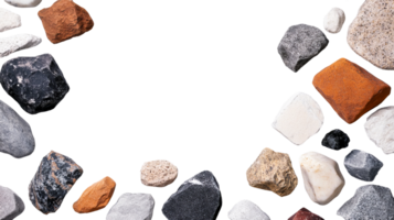 Assortment of various stones and pebbles on a black background, cut out transparent png