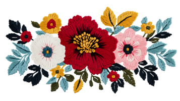 Embroidery art of colorful flowers on dark background, cut out transparent png