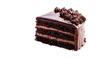 Decadent chocolate cake slice with frosting, dessert, sweet, cut out transparent png