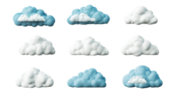 Set of fluffy clouds of different colors and shapes, cut out transparent png
