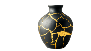 Black vase decorated with gold in kintsugi style, cut out transparent png