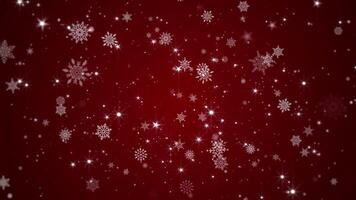 Beautiful winter snowflakes, shiny twinkling stars and glittering snow particles on a festive red background. This Christmas snow motion background animation is a full HD and looping.. video