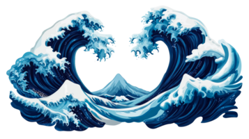 Decorative waves with mountain background art in Japanese style, cut out transparent png