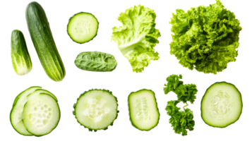 Cucumbers and fresh lettuce assortment, cut out transparent png