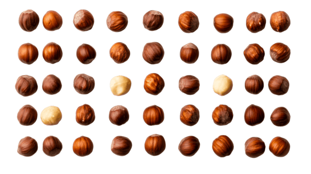 Hazelnuts in a grid pattern, nuts without shell, cut out transparent png