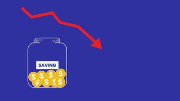 A jar labeled saving filled with coins and a red downward arrow, symbolizing financial loss, reduced income, or declining savings in tough economic times. video