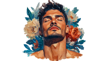 Man with flowers around his head, eyes closed, cut out transparent png