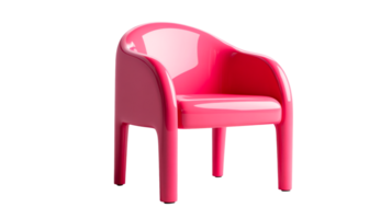 Stylish pink chair with rounded arms and glossy finish, cut out transparent png