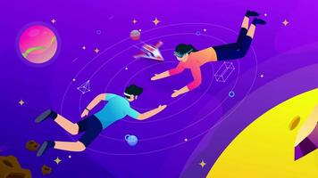 Two People Flying Through Space in 2D Animation, Virtual Reality Experience in Outer Space video
