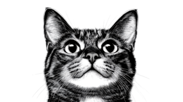 Detailed drawing of adorable cat with expressive eyes, cut out transparent png