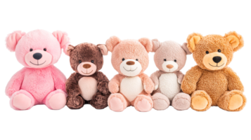Row of soft plush teddy bears in various colors, cut out transparent png