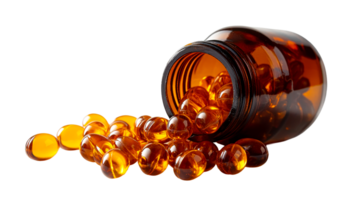 Amber bottle with capsules, supplements scattered, cut out transparent png