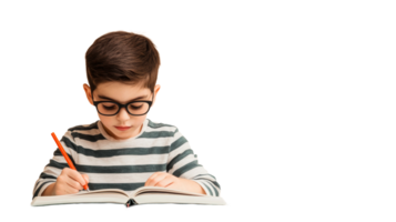 Focused Little Boy Studying with Glasses and Writing, cut out transparent png