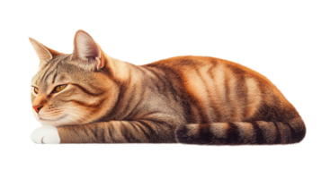 Striped cat laying down in profile view, cut out transparent png