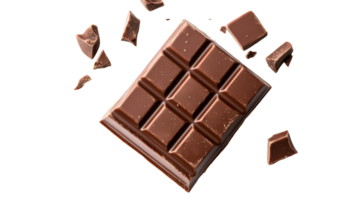 Chocolate bar and crumbs on a black backdrop, cut out transparent png
