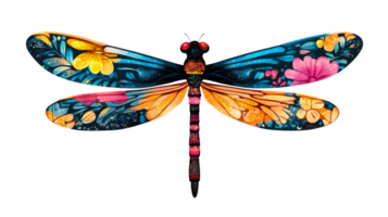 Dragonfly art with flowers, vibrant color, red eye, wings floral, cut out transparent png