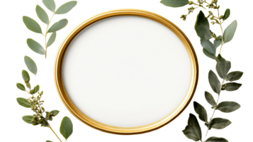 Gold frame with leaves, blank space, black background, cut out transparent png
