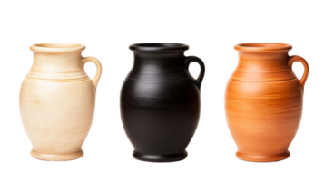 Three pottery jugs of different colors, isolated objects, cut out transparent png