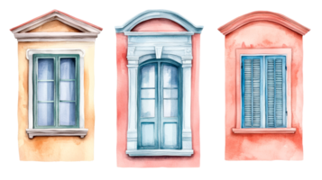 Windows with architectural details and shutters watercolor style, cut out transparent png