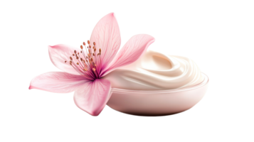 Blossom cream in container, pink petals, nourishment concept, cut out transparent png
